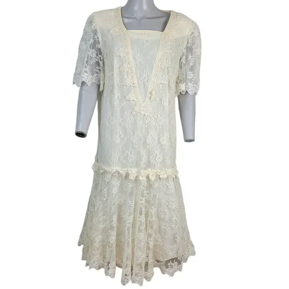 Vintage 80s Lace Midi Dress Women 12 Cream 20s Style Formal Wedding Retro Summer - Picture 2 of 13